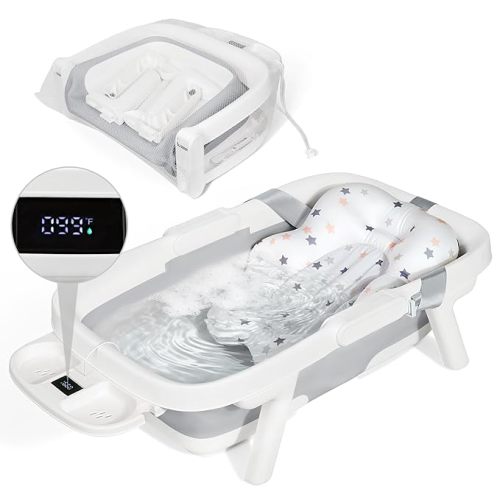 Orzbow Collapsible Baby Bathtub, Large Baby Bath Tub for Newborn with Soft Cushion & Thermometer, Travel Portable Baby Tubs for Infants to Toddler 0-36 Months, 28x16.9 inches, Gray