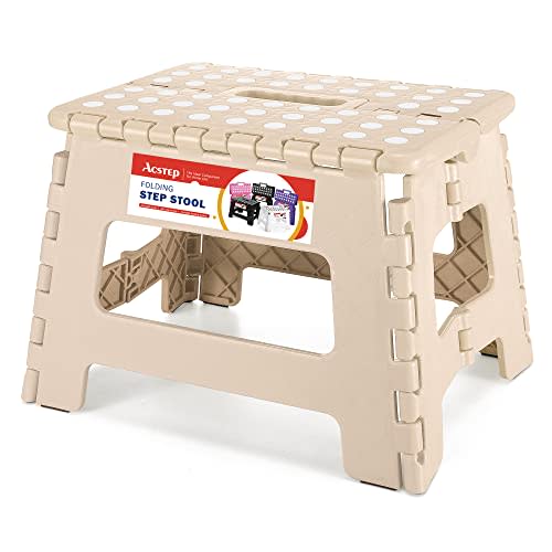 ACSTEP Folding Step Stool - 9 Inch Lightweight Plastic Non-Slip Foldable Stool for Kitchen, Bathroom, Bedroom - Khaki