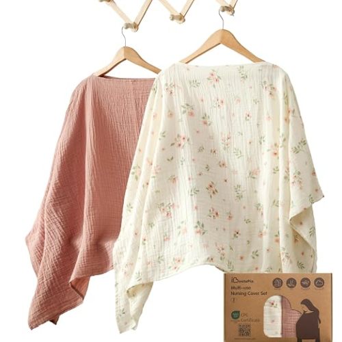 Nursing Cover for Breastfeeding, 2 Pack, 100% Cotton Muslin, 360° Privacy, Lightweight & Breathable, Multi-Use Baby Car Seat & Stroller Cover, Apricot Cream & Lotus Pink