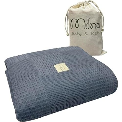Milna Baby 100% Cotton Waffle Blanket for Boys & Girls, 100x120 cm Breathable Muslin Baby Blanket for Crib, Stroller & Swaddle, Soft Lightweight Toddler Receiving Blanket, (Indigo)