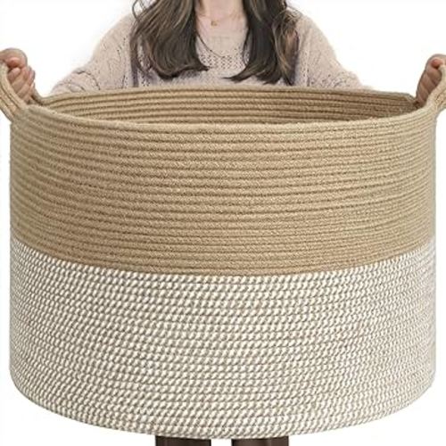INDRESSME Extra Large Woven Baskets for Storage, 21.7'' x 13.8'' Wicker Basket with Handle for Blankets, Big Laundry Baskets for Clothes, Pillows, Towel, Shoe Basket for Entryway, 90L White Jute