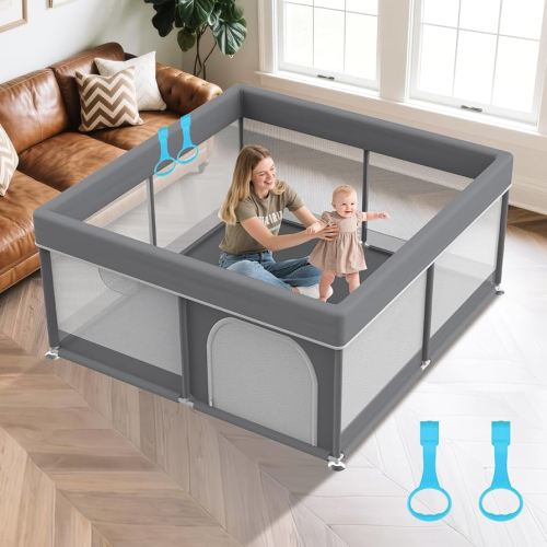 64" X 64" Sturdy Baby Playpen - Large Baby Playpen Playard for Babies and Toddlers with Anti-Slip Suckers - Safety Play Yard with Anti-Collision Cloths Cover All Corner,Grey