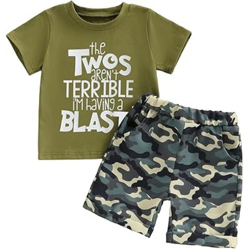 Fernvia Toddler Baby Boy 2nd Birthday Outfit Letter Print Short Sleeve T-shirt Elastic Camouflage Shorts Summer Clothes