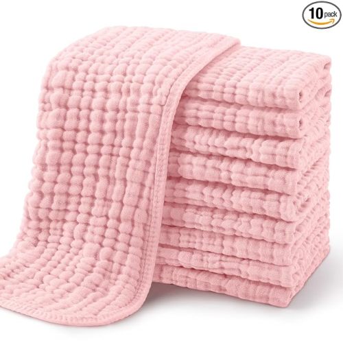 Yoofoss Muslin Burp Cloths for Baby 10 Pack 100% Organic Cotton Baby Washcloths for Boys Girls Large 20''X10'' Super Soft and Absorbent Apricot, Soft Pink