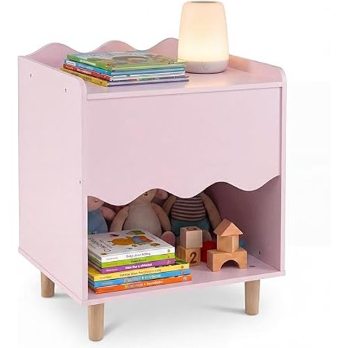 Costzon Nightstand, Kids Scalloped Side Table w/Wide Top, Large Storage Compartment & Solid Rubber Wood Legs, Wooden End Table for Children's Play Room, Bedroom, Living Room (Pink)