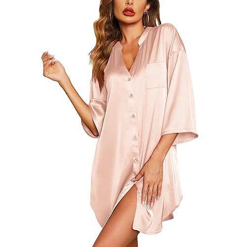 Ekouaer Satin Nightgowns for Women 3/4 Sleeve V-Neck Button Down Sleepwear | Silk Nightshirts with Pocket, Boyfriend Nightgown, Lightweight Nightdress, Soft Pajama Dress for Lounging, Sleeping, Party