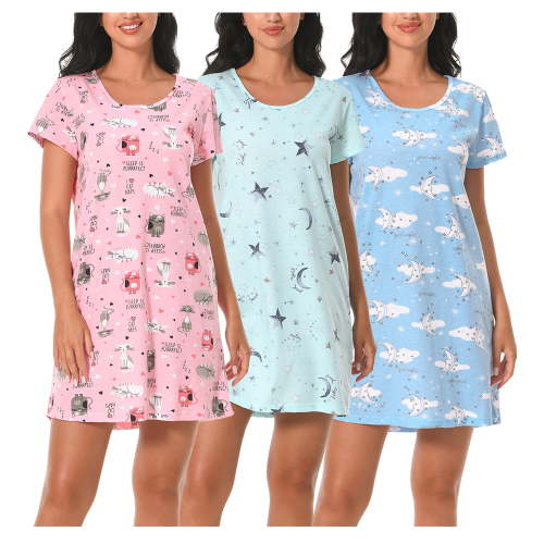 PinkBeautiM 3 Pack Nightgowns for Women Cotton Casual Sleepshirts Short Sleeve Soft Sleepwear