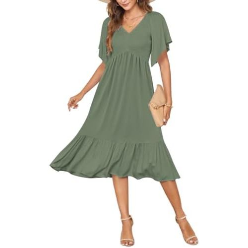 AUSELILY Women's Summer Empire Waist Dress Smocked Flutter Short Sleeve V Neck Midi Dresses 2025 New