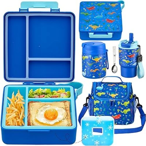 Pawtong Lunch Box Set with Bento Box Container, 17OZ Stainless Steel Food Soup Thermo, Kids Water Bottle & Portable Insulated Lunch Bag, Leakproof, Hot/Cold Retention for School, Travel (Dinasour)