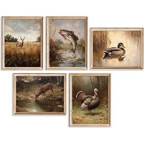 Vintage Hunting Nursery Wall Art Baby Boy Room Canvas Wall Decor Farmhouse Woodland Animal Prints Poster Mallard Duck Deer Turkey Fish Pictures Artwork Painting for Kids Bedroom 12x16x5 Inch Unframed