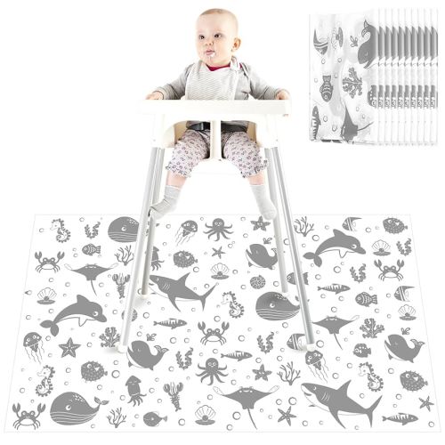 100 Pack 28"x47" Disposable Floor Splat Mats for Under High Chair with Animals Print, Waterproof Plastic Floor Mat Multipurpose Baby Led Weaning Supplies(Sea Animal)