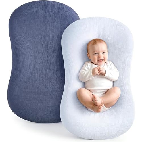 Termichy Baby Lounger Covers Muslin: Soft and Breathable Slipcover for Snuggle Me Lounger - Machine Washable & Zipper-Free for Safe Daily Use - Navy & Blue for Boys