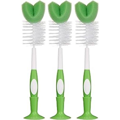 Amazon Brand - Mama Bear Baby Bottle Brush with Nipple Cleaner and Suction Cup Stand, White (Pack of 3)