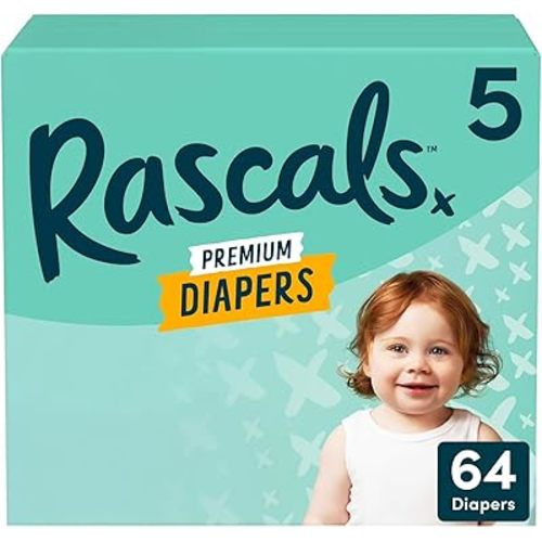 Rascals Premium Absorbent Baby Diapers with Deep Pocket and Triple Leak Guards for Blowout Protection (5-64ct)