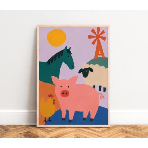 Farm Animal Poster, Folk Art Wall Art, Pastel, Nursery Decor, Gift for Kids A3 A4