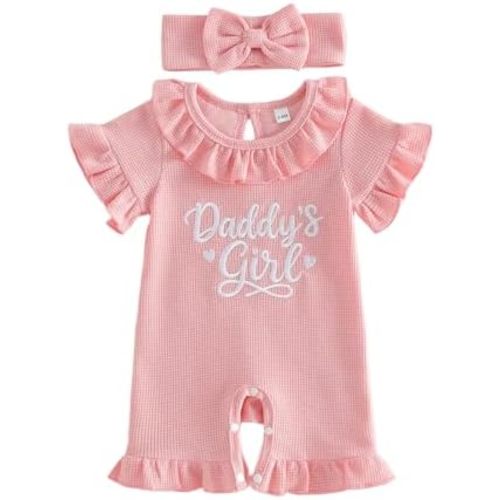 Sejardin Baby Girl Romper Letter Embroidery Newborn Infant Summer Clothes Short Sleeve Ruffle Crew Neck Jumpsuit Headband