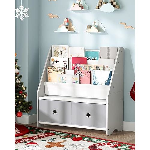 Kids Bookshelf and Toy Storage, 4 Tier Large Capacity Kids Book Rack, Sling Kid Bookcase, for Kids Room, Nursery, Playroom, White and Gray MCW06WT