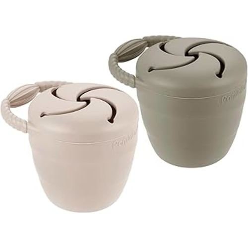 PandaEar Silicone Snack Containers, Collapsible Toddler Snack Cups Spill Proof Food Catcher for Toddler Baby, Pack of 2 (Light Tan/Walnut)