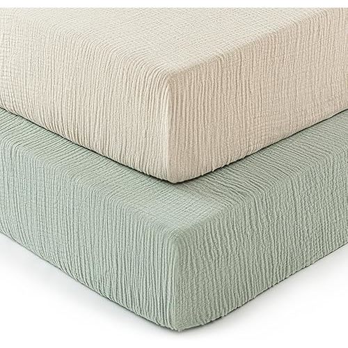 david's kids Muslin Crib Sheets for Boys Girls, 2 Pack 100% Cotton Soft Breathable Fitted Baby Neutral Sheet Set, Standard 52"x28" Crib and Toddler Mattress, Oat Milk & Sage Green