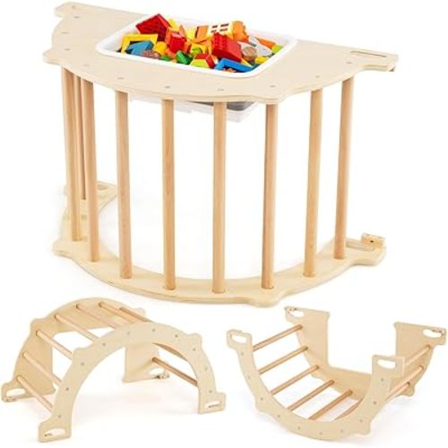 Costzon Wooden Arch Sensory Table for Kids, 8 in 1 Montessori Climbing Gym with Collapsible Storage Bin, Wooden Rocker Toy Learning Playset for Children 3+ Years Old Gifts (Medium)