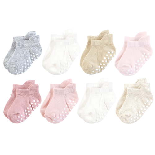 Touched by Nature Infant Girl Organic Cotton Socks with Non-Skid Gripper for Fall Resistance, Soft Pink Neutral, 0-6 Months