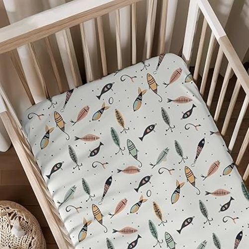 Cartoon Ocean Fishing Fishes Pattern Baby Sheets for Crib, Unisex Fishing Nursery Fitted Bed Sheet for Boys Girls Standard Crib and Toddler Mattress-28x52