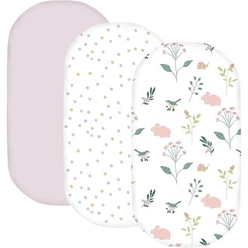 Little Grape Land Bassinet Sheets for Baby Boys Girls 3 Pack, 33" x 18" Extra Soft Breathable Fitted Bassinet Sheets, Bedside Sheets Fit for Oval Rectangle and Hourglass Bassinet Mattress (Bunny)