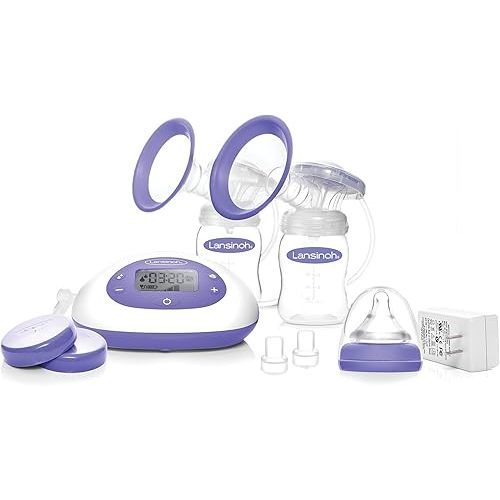 Lansinoh Signature Pro Double Electric Breast Pump, Portable Breast Pump, 3 Power Options, LCD Display, Includes Breast Pump Bag, 25mm Breast Pump Flanges and 2 Lansinoh Baby Bottles (pack of 1)