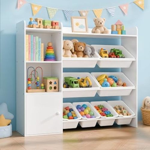 Xilingol Kids Toy Storage Organizer, 4-Tier Toy Organizers W/8 Removable Storage Bins, Kid Bookshelf and Toy Storage for Study Room, Bedroom, Kids Room, Classroom, Nursery