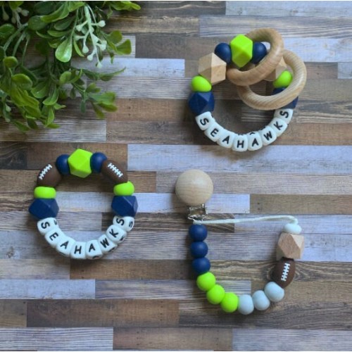 Seattle Seahawks Toy Collection - Baby Seahawks Toy Rattle, Pacifier Clip, Baby Boy Football Toy - Seahawks Baby Gift