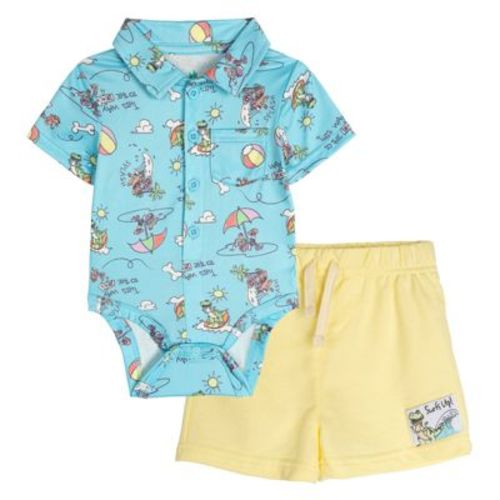Disney Toy Story Baby Boys' Button Front Allover Print Creeper and French Terry Shorts Outfit Blue Yellow Toy Story 18 Months