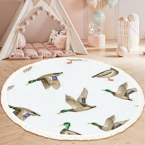 Round Rugs Seamless Pattern Birds Wild Ducks Drake White Boho Area Rug Linen and Cotton Carpet Meditation Rug Washable Hallway Runner Mat Accent Rugs for Bedroom Nursery 4ft