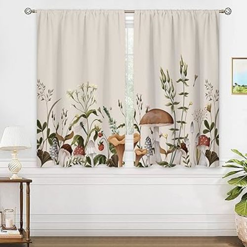 oolygoo Vintage Mushroom Window Curtains Leaves Botanical Rod Pocket Rustic Boho Mushroom Beige Curtain Drapes Herb Curtains for Bedroom Living Room Treatment 2 Panels 42Wx45H Inch