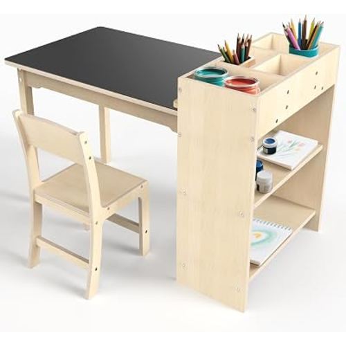 doowroodni Kids Art Table and Chair Set, Sturdy Beech Wood Study Desk for Children’s Drawing, Learning & Play - Multi-Functional Activity Table for Home,Toddler Desk with Storage and 1 Chair