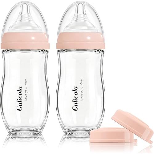 Gulicola Natural Glass Baby Bottle for Breastfed Babies, Anti-Colic Baby Bottle Set with Medium Flow Nipple, 3 Months +, 8 oz, 2 Pack - Pink