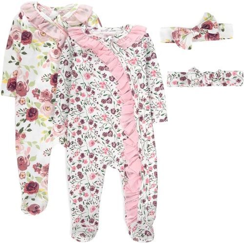 Baby Essentials Baby Girl Sleepers,4 Piece Outfit Set, Romper Footies and Headband – All Season Baby Clothes Gift Set