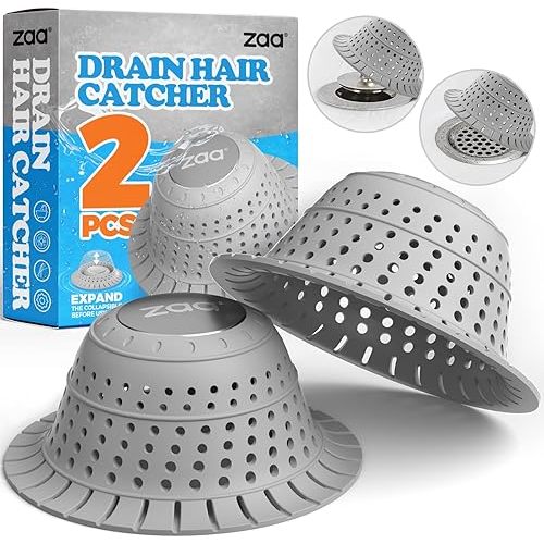 zaa Shower Drain Hair Catcher, 2 Pack Silicone Collapsible Bathtub Drain Cover Dog Hair Catcher & Protector for Pop-Up & Regular Drains of Shower, Bathtub, Tub, Bathroom, Sink