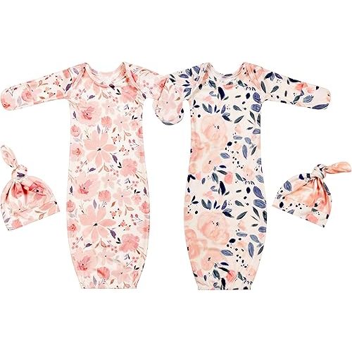 Newborn Baby Sleeper Gown with Hat Knotted Gown Nightgown Coming Home Outfits for Baby Girl 2 Pieces Set