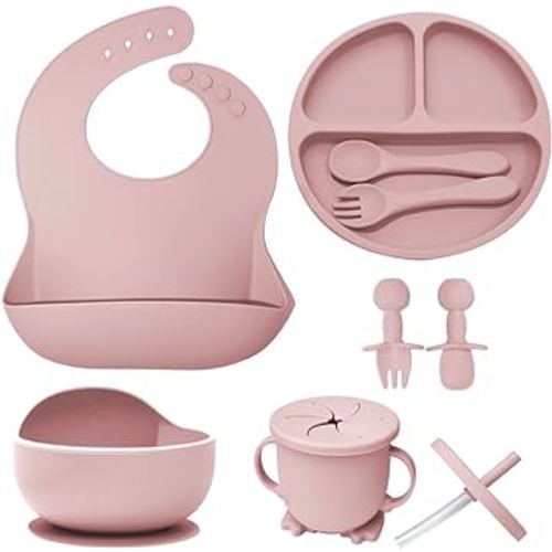 10 Piece Baby Feeding Set | 100% Food Grade Silicone | Non Slip | Suction Bowl and Plate | Self Feeding Utensils | Led Weaning Supplies | Microwave and Dishwasher Safe | 6+ Months