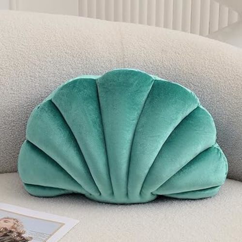 Seashell Decorative Pillow Shell Shaped Throw Pillow 3D Insert Beach Pillow Soft Velvet Pillow Sea Ocean Decoration Couch Bed Pillow Cushions(Teal,14 X 11 inch)