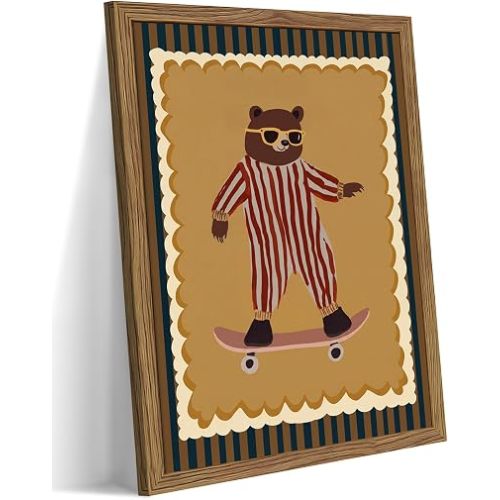 Framed Whimsical Bear on Skateboard Wall Art – Retro Aesthetic Kids Nursery Wall Decor, Funny Animal Poster, Vintage Quirky Canvas Art Picture for Boys Girls Bedroom 12x16 inch
