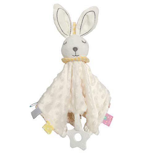 Upalupa Loveys for Babies Bunny Security Blanket with Silicone Teether Tags Unisex Lovie Gift for Infant and Toddler Snuggle Toy Stuffed Animal, White 11 inch