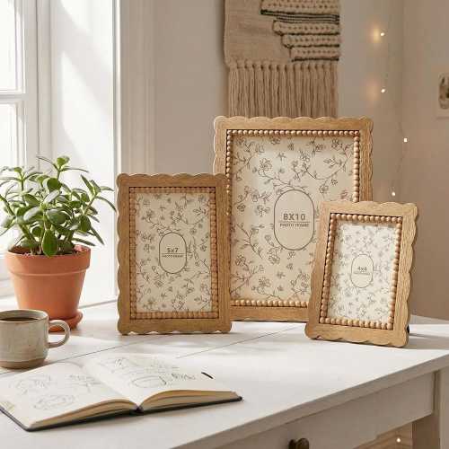 Boho Scalloped Beaded Wood Photo Frame, Rustic Picture Frame,4x6 5x7 8x10 Wall&Tabletop Frame, Farmhouse Home Decor,Single Frame/Gallery Set