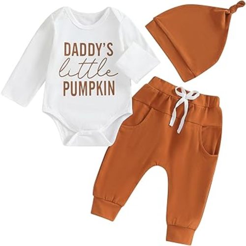 wdehow Newborn Baby Boys Girls Halloween Clothes Pumpkin Letter Print Long Sleeve Rompers Tops Pants Set Fall Outfits