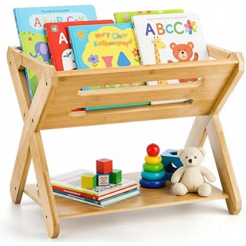 Okllen Kids' Book Caddy with Shelf, Bamboo Bookcase Book Storage Organizer, Book Rack Book Shelf Organizer for Bedroom, Playroom, Nursery, Sturdy, Including Installation Instruction