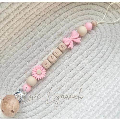 Personalised Dummy Clip Bow and Flower: Pink and Beige Crochet Bead Pacifier Holder, Baby Girl Dummy Holder