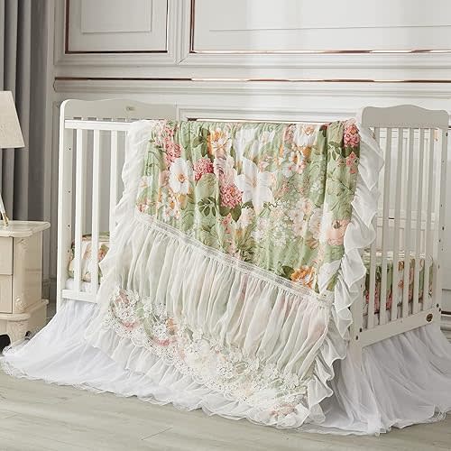 Brandream Crib Bedding Sets for Girls Garden Floral Nursery Set 3-Piece | Ruffled Baby Comforter, Crib Sheet and Tulle Lace Crib Bed Skirt, Green White