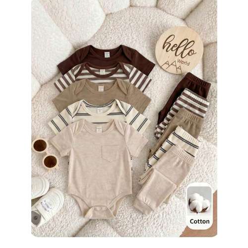 5pcs/Set Unisex Newborn Baby Boy/Girl Summer Casual Knitted Striped Bodysuit,Beige Neutral Mocha Brown Clothes, Versatile Family Matching Set | SHEIN USA