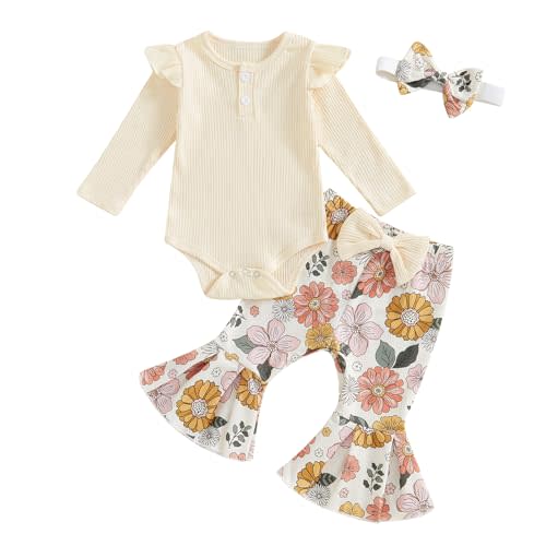 fhutpw Newborn Baby Girl Clothes Rib Frill Romper Daisy Flared Pants Set | Infant Girl Fall Winter Outfits, 0 3 6 9 12 18 Girls Clothes,Long Sleeve, Floral Bell-Bottom, Bow Headband, Cute Baby Clothes