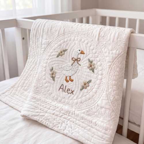 Personalized Baby Blanket, Embroidered Goose Quilt, Gender Neutral Nursery Bedding, Custom Name Crib Blanket, Newborn Baby Shower Gift